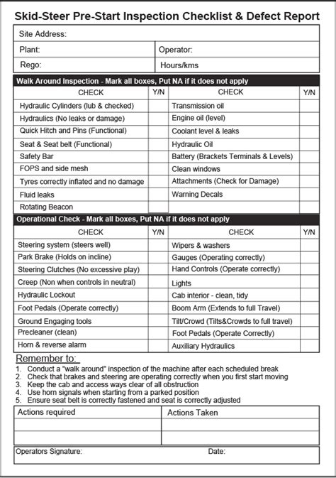 skid steer pre start books|machinery pre start checklist.